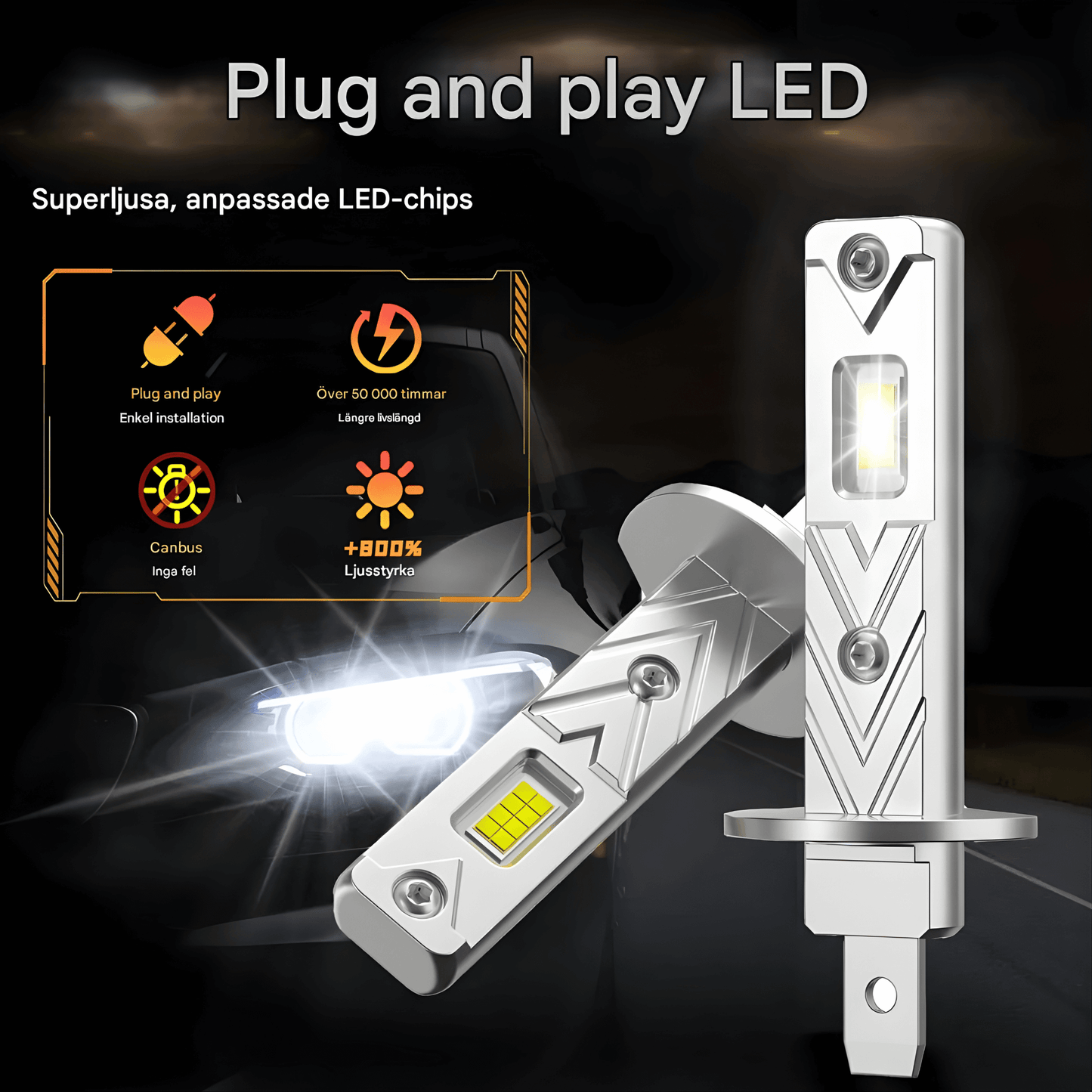 PrismDrive – H1 LED-Strålkastare med 9084 CSP-Chip, Canbus & Plug-and-Play, 6000K Kallvitt Ljus, Fläktfri och IP68